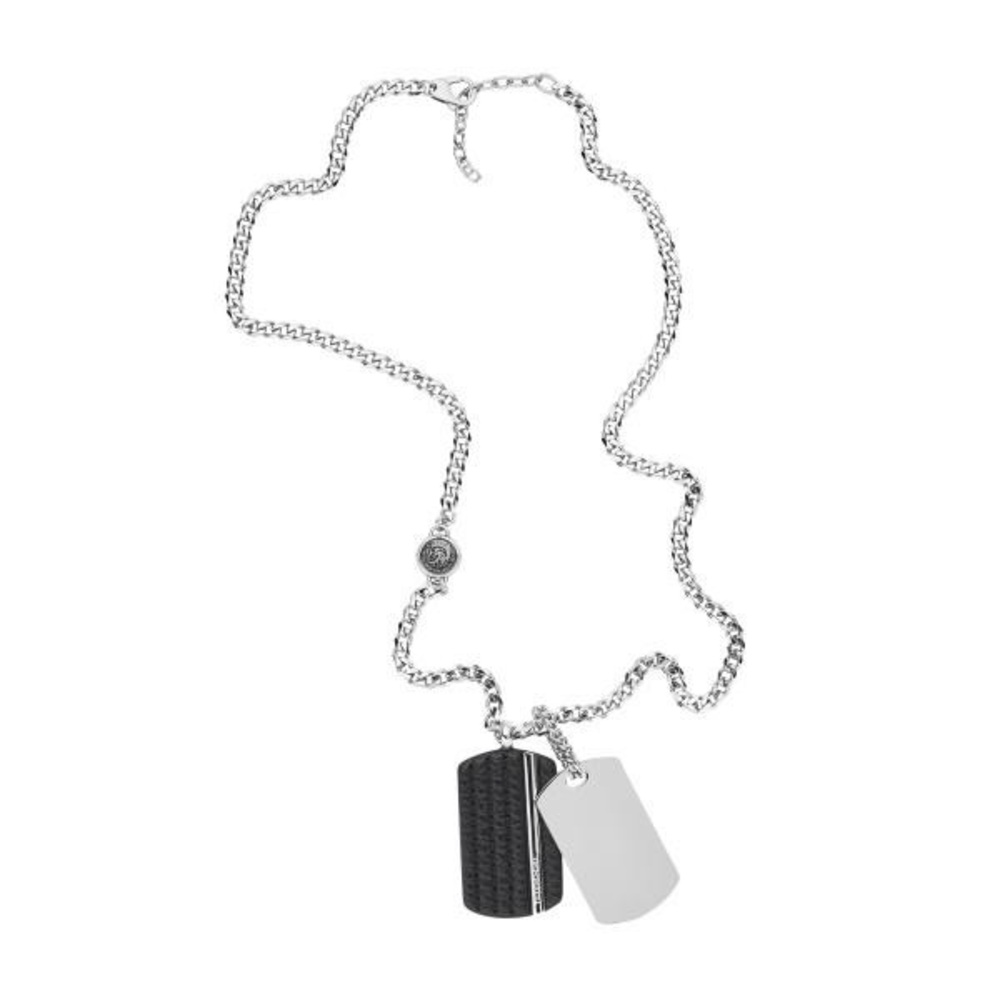 Diesel Double Dog Tag Stainless Steel Silver Leather Necklace DX1040040